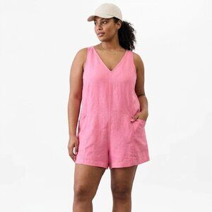 ATHLETA NEW Retreat Raphanus Pink sleeveless V-neck Linen Casual Romper sz XL